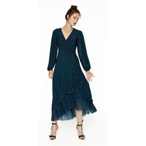 Caballero Women's Moon Teal Leopard Maxi Wrap Dress Fully Lined Sheer Sleeves